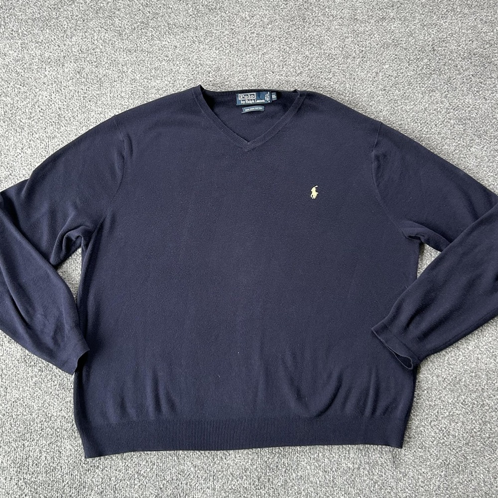 Polo Ralph Lauren Sweater Mens XL Navy Pima Cotton V Neck Lightweight Knit